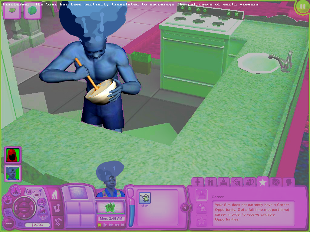 The game loads to a scene of one character--blue getup, sporting an afro and antennae--happily baking a cake.
